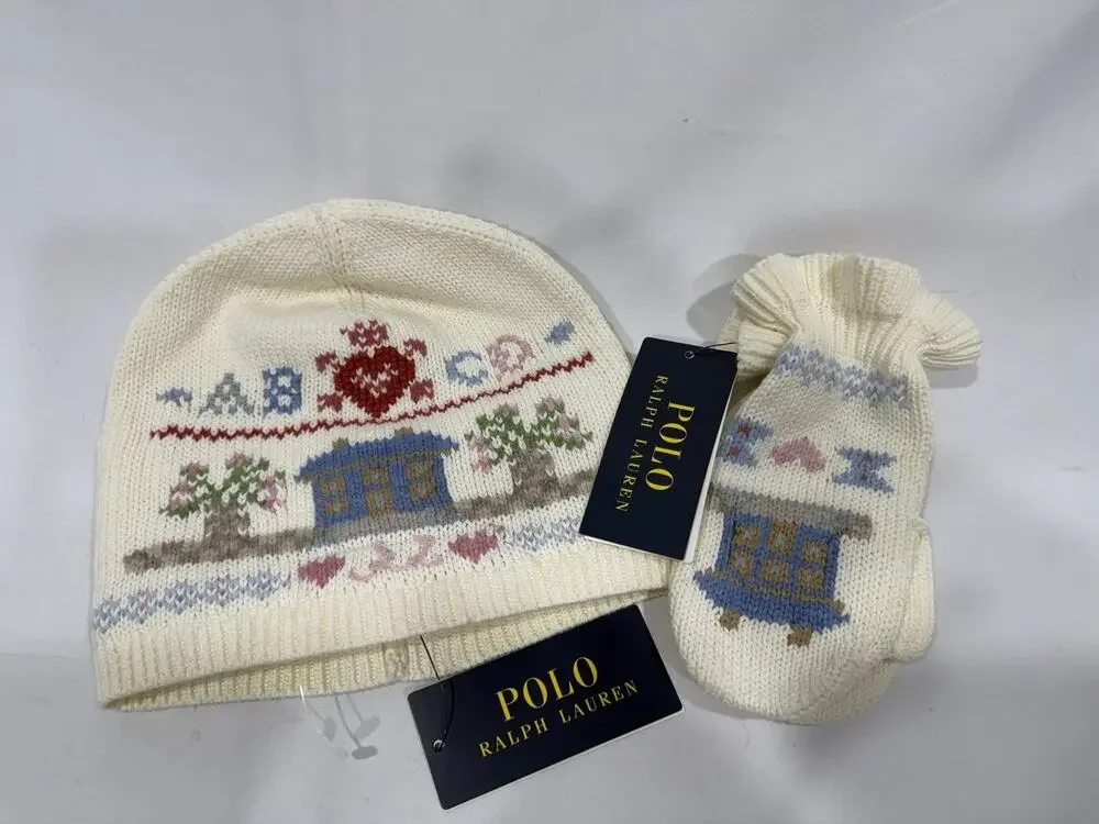 Ralph Lauren Children's Knit Hat & Mittens Valentine II Cream NWT Retails $125